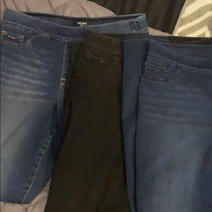 Dark blue, black, light blue jeggings. Nine West